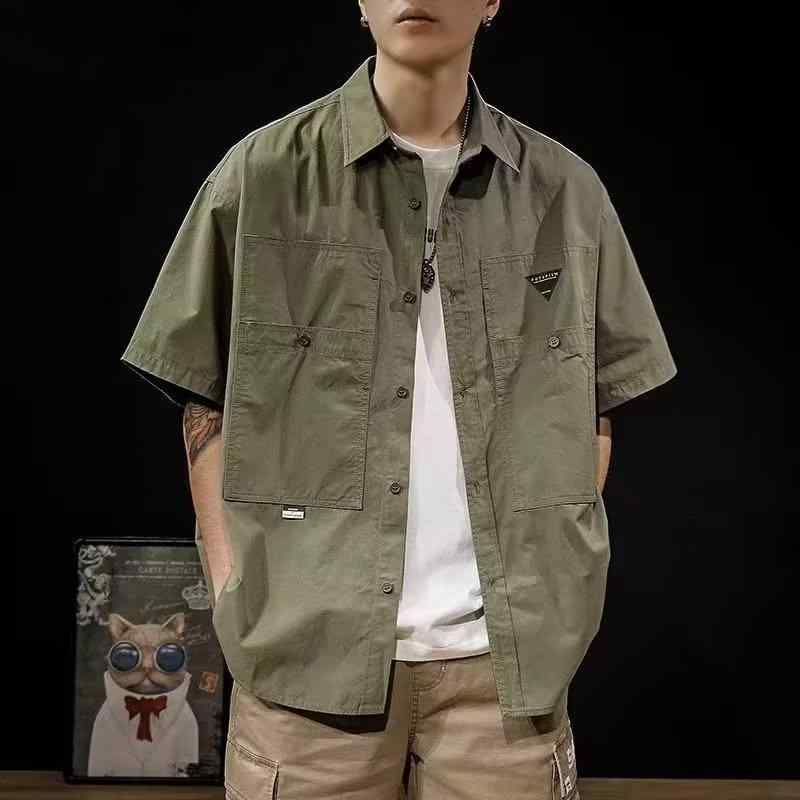 シャツ メンズ 半袖 ルーズフィット アセテート繊維 トップス 無地 薄手 通気性 開襟 ミリタリー カーキ