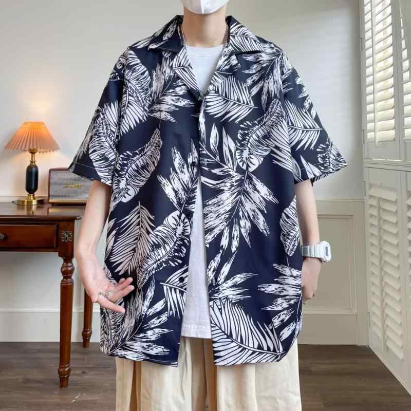 シャツ メンズ アロハシャツ 半袖 ポリエステル 開襟 オープンカラー ゆったり 薄手 花柄 ブラック 夏 リゾート カジュアル