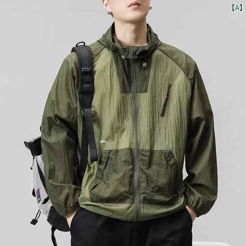 ジャケット メンズ 男性用 アウトドア 配色 ジップアップ パーカー 春夏 ポリエステル 接触冷感 UVカット 紫外線対策 カジュアル スタイル