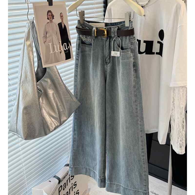 デニム レディース ジーンズ パンツ 9分丈 高腰 ゆったり ストレート ジーパン ズボン ボトムス カジュアル シンプル かわいい おしゃれ 着痩せ スタイル 春夏 韓国