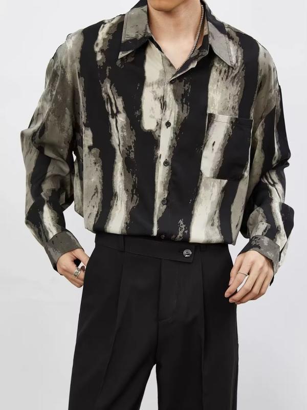 シャツ メンズ 男性用 トップス 長袖 ポリエステル 墨絵風 絞り染め 大判サイズ ゆったり 黒 ブラック ..