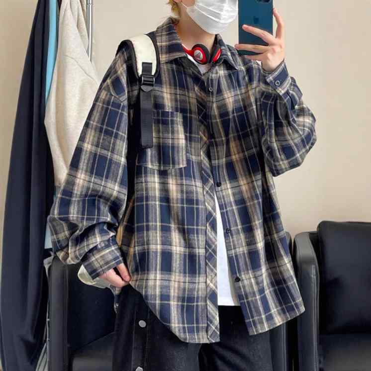Other - シャツ メンズ 男性用 格子柄 コットン混紡 長袖 ルーズ カジュアル スタイル トップス 春秋 黒 ブラック ブラウン ブルー