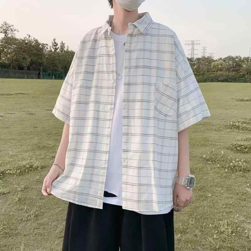 シャツ メンズ 半袖 コットン混紡 トップス カジュアル 格子柄 スリムフィット 開襟 接触冷感 部屋着 ..