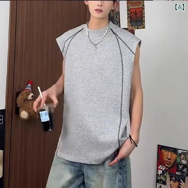 Tシャツ メンズ タンクトップ ストライプ ポリエステル グレー ブラック スポーツ 高街 アメカジ スリーブレス カットソー 接触冷感 薄手