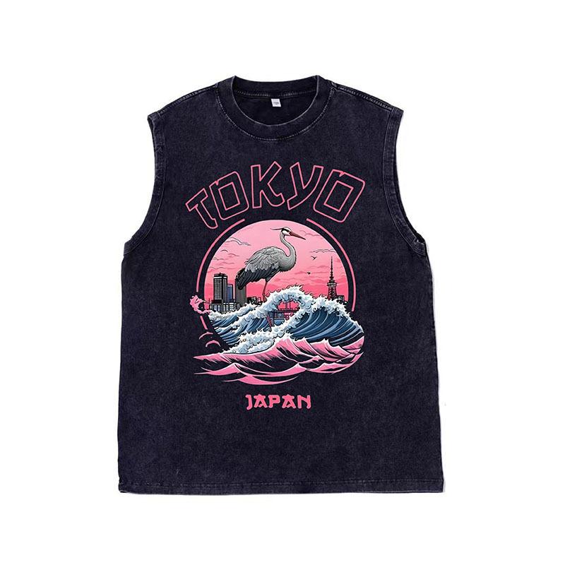 Rakuten - Tシャツ メンズ タンクトップ コットン ヘビーウェイト ウォッシュ加工 プリント レトロ ルーズフィット ストリート カジュアルスタイル ホワイト ブラック グレー カーキ ピンク(x2)