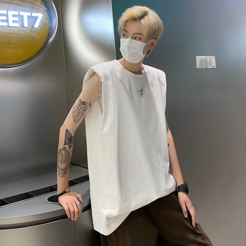 タンクトップ メンズ 豪華感 肩パッド付き 夏 小さめネック ヘビーウェイト 無袖Tシャツ ストリート系 クルーネック トップス ブラック(4)