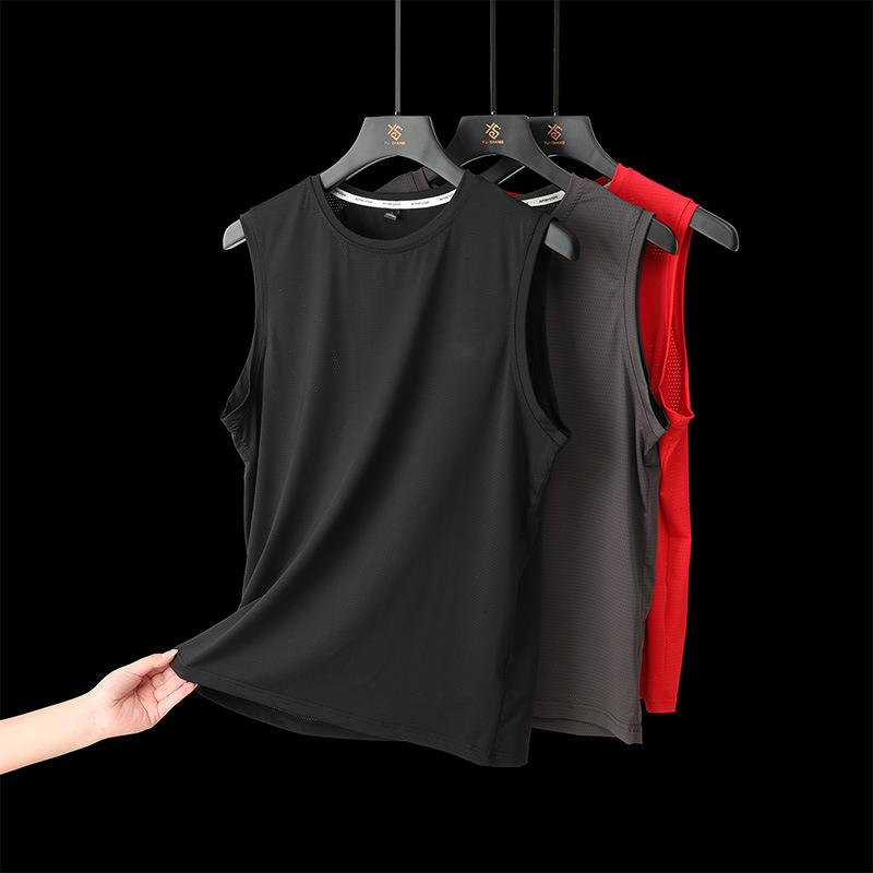 タンクトップ メンズ 男性用 スポーツ カジュアル 高弾力 接触冷感 ノースリーブ Tシャツ 吸湿速乾 薄手 メッシュ 赤 黒 グレー 春夏