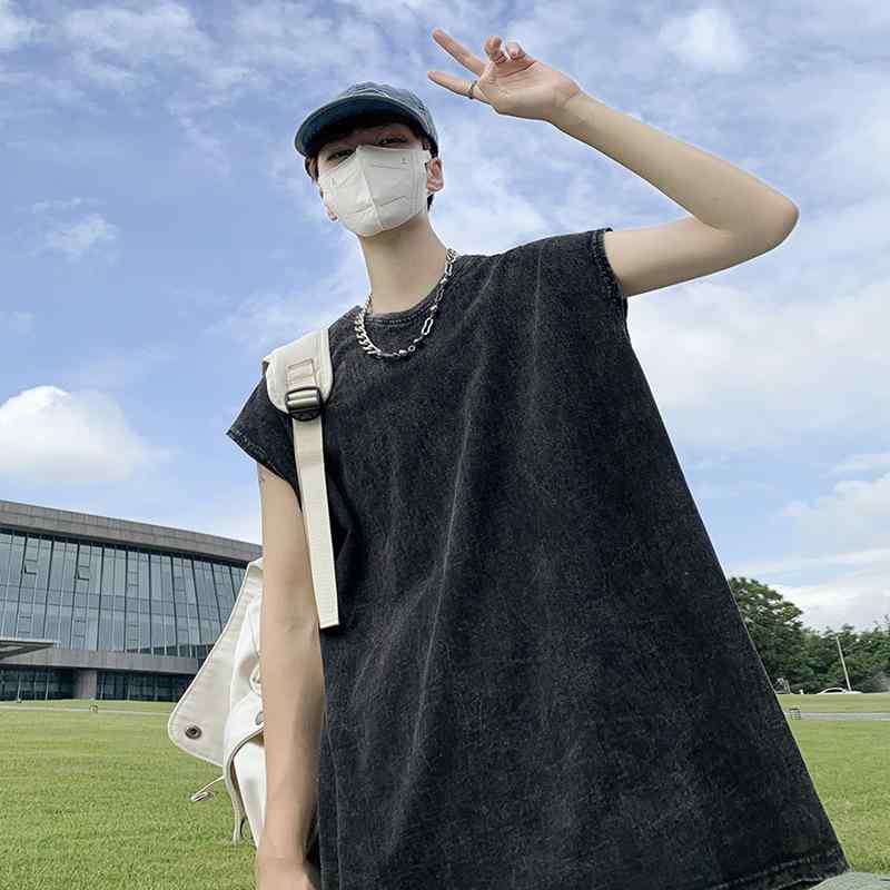 Tシャツ メンズ 男性用 ノースリーブ 水洗い加工 夏 宽松 ビッグシルエット レトロ スポーツ アウトドア 大码 コットン ブラック