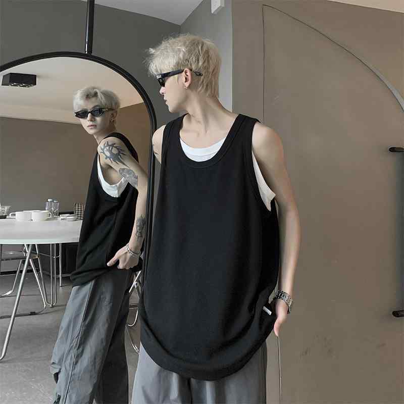 タンクトップ メンズ 夏用 ポリエステル ノースリーブ Tシャツ トレーニング アメカジ スタイル ゆったり 黒 ブラック グレー(4)