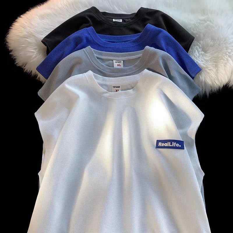 Knit Sweater - Tシャツ メンズ ノースリーブ ワッフル 夏 カットソー 韓国 ルーズ トップス 普段着 部屋着 ブラック ホワイト グレー ブルー