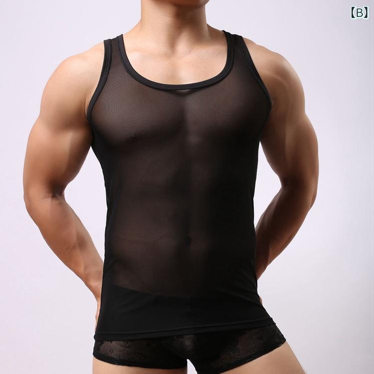 メンズ タンクトップ 通気性 涼しい 夏用 ナイロン メッシュ インナー 男性用 カジュアル スポーティー 白 黒