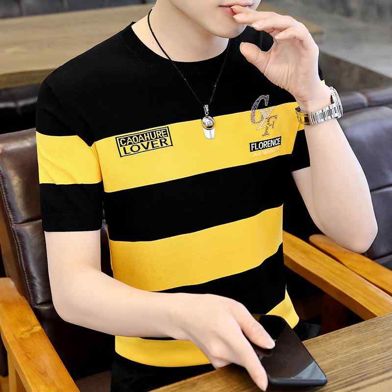 Tシャツ メンズ ストライプ柄 ニット 薄手 半袖 夏服 接触冷感 トップス カットソー ポリエステル混紡 カジュアルスタイル カーキ 黄色 グレー ブルー