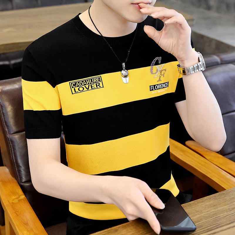Tシャツ メンズ 薄手 ストライプ柄 ニット 半袖 トップス 接触冷感 ポリエステル カキ色