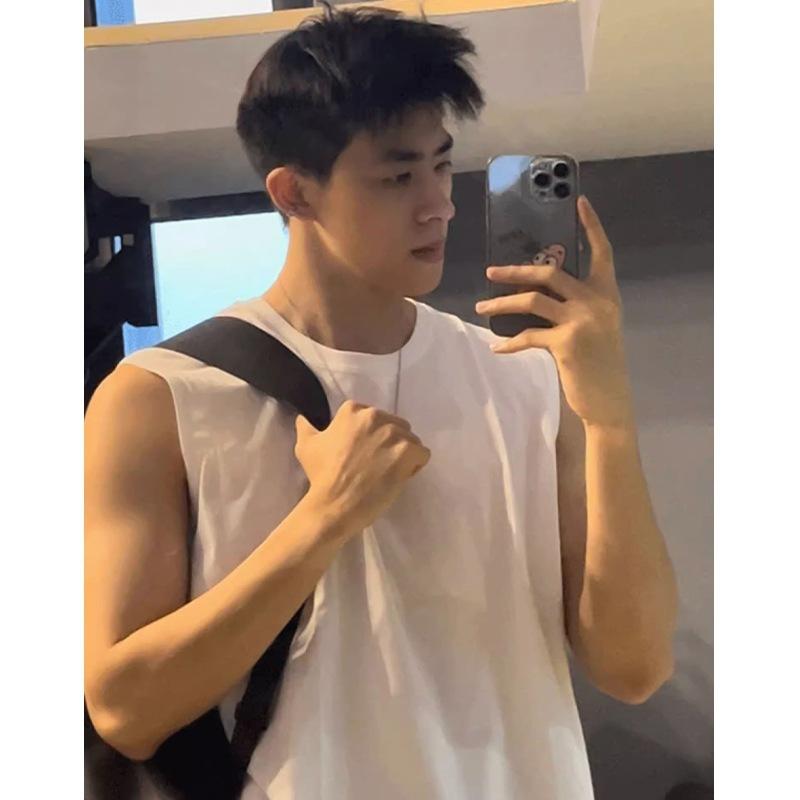 Other - タンクトップ メンズ 男性用 アメリカン 綿 ノースリーブ Tシャツ 春夏 スポーツ トレーニング ジム ウェア 丸首 ゆったり トップス カットソー 無地 黒 ブラック グレー 白 ホワイト