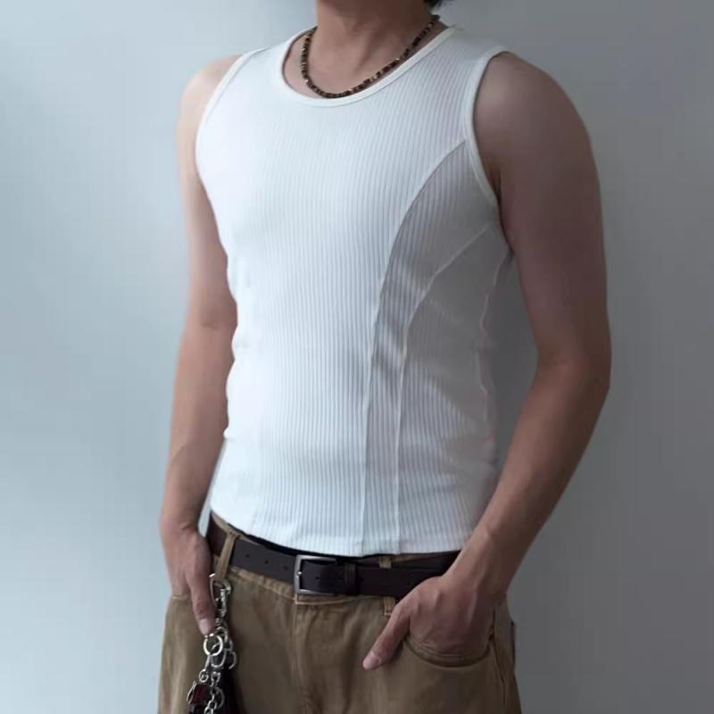 タンクトップ メンズ 男性用 リブ ノースリーブ Tシャツ 伸縮性 接触冷感 ストライプ ポリエステル ブラック ホワイト M L XL 2XL 3XL