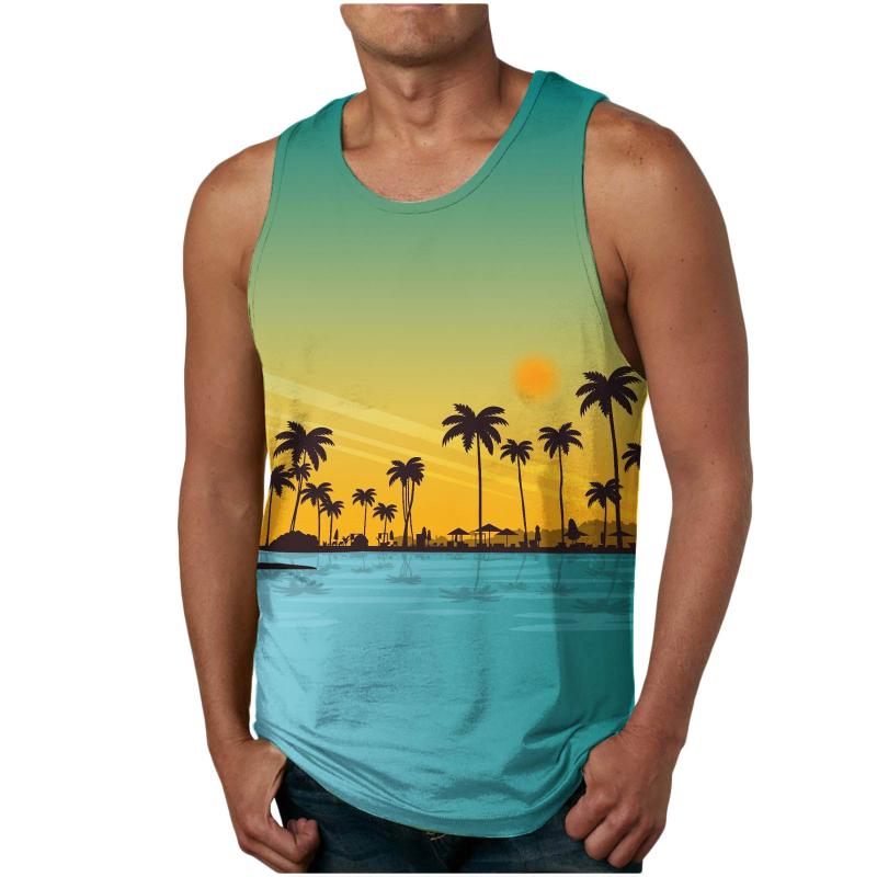 Tシャツ メンズ 男性用 タンクトップ アロハシャツ風 春夏 ポリエステル デジタルプリント ココナッツツリー柄 スポーツ 普段使い