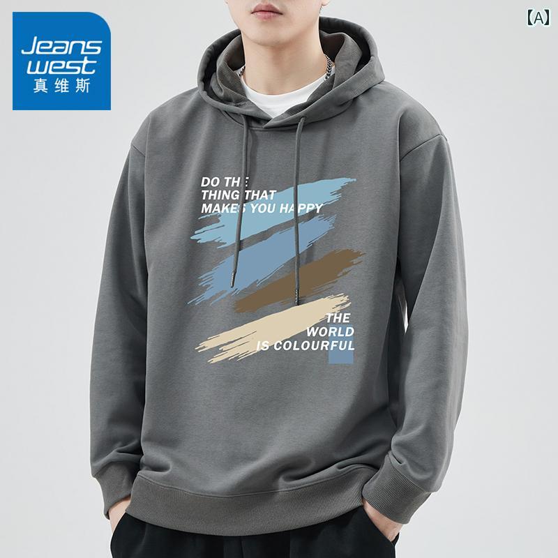 Rakuten - フード 付き スウェット メンズ 春秋 プルオーバー シャツ ゆったり プリント トップス 紳士 服.カラフルカラーオシャレ
