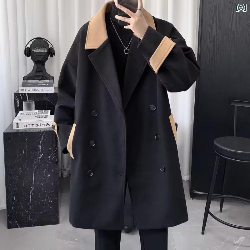 コート メンズ 男性用 ウール ロング丈 英国風 テーラード 秋冬 厚手 無地 ゆったり ブラック