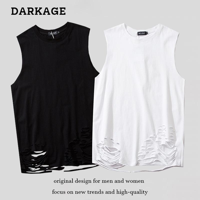 タンクトップ メンズ ストリート 色 コットン 破れ加工 ノースリーブ Tシャツ カットソー インナー カジュアル スタイル 春夏 ホワイト ブラック