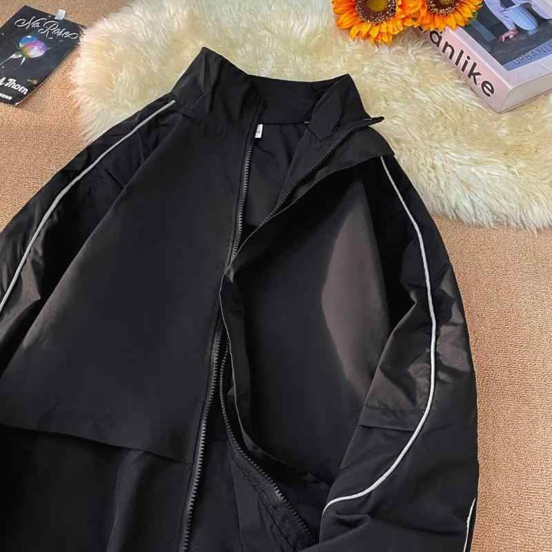 ジャケット メンズ 男性用 秋冬 運動 防風 アウター 立襟 コットン混紡 ゆったり 無地 黒 サイドポケット