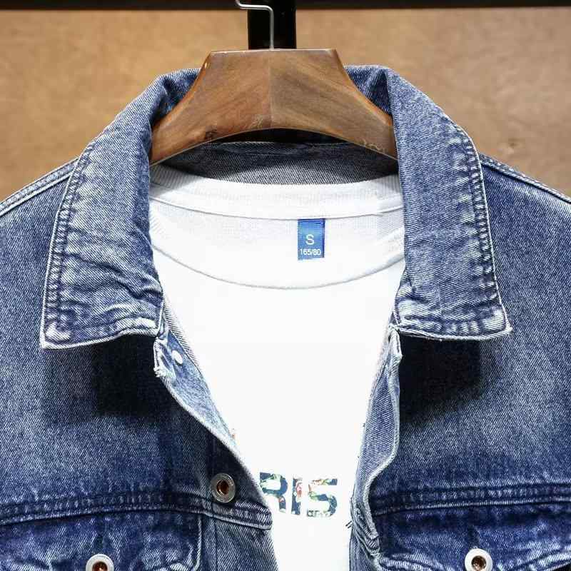 デニムジャケット 男性用 Gジャン ブルゾン 長袖 ライトアウター トップス 襟付き ブルー カジュアルスタイル ゆったり 耐摩耗性