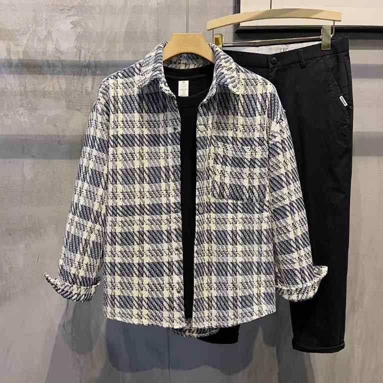 ジャケット メンズ ウール 格子柄 ネルシャツ風 襟付き ゆったり アウター 秋冬 防寒 カジュアル 深青 赤 黒 水色