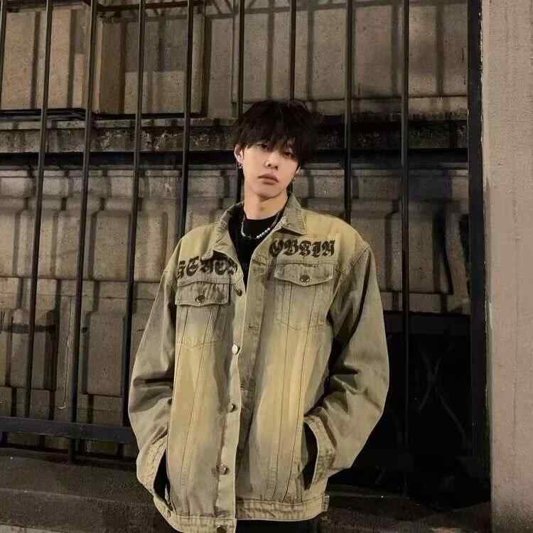 ジャケット 男性用 デニム ウォッシュド加工 レトロ ストリート カジュアル ゆったり 立襟 ライトイエロー 綿 春秋