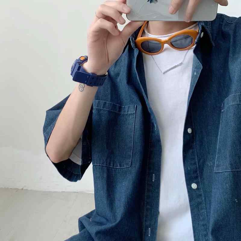 シャツ メンズ 男性用 デニム 半袖 ルーズフィット 韓国 ストリート カジュアル 耐摩耗性 若者 春夏 ト..