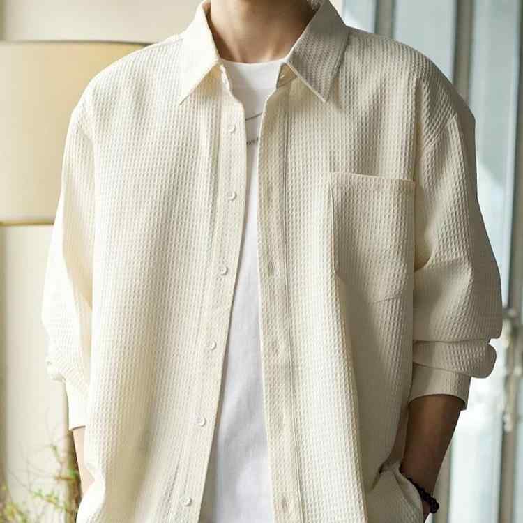 シャツ メンズ テーラードジャケット風 襟付き トップス 秋冬 韓国 ゆったり 無地 長袖 アセテート繊維 白/杏色/黒