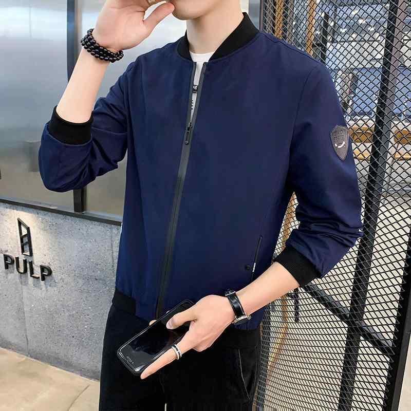 ジャケット 男性用 スタジャン ブルゾン 春秋 薄手 スリム 無地 ポリエステル ブラック ブルー