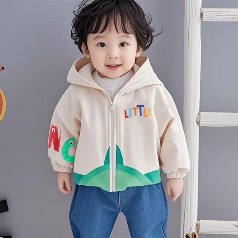 キッズ ジャケット 春秋 薄手 ベビー 男の子 ボーイズ 子供服 アウター ジャンパー ブルゾン フード付き 綿 かわいい 恐竜 ベージュ 80 90 100 110