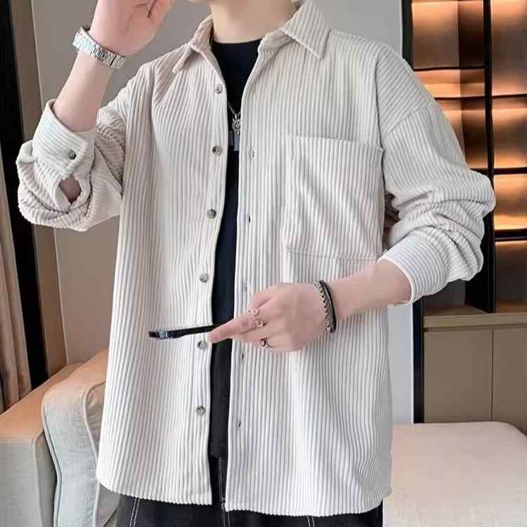 シャツ メンズ コーデュロイ 長袖 カジュアル ジャケット 無地 ルーズ ワークウェア トップス ライトアウター ベージュ系 グレー系 ブラック