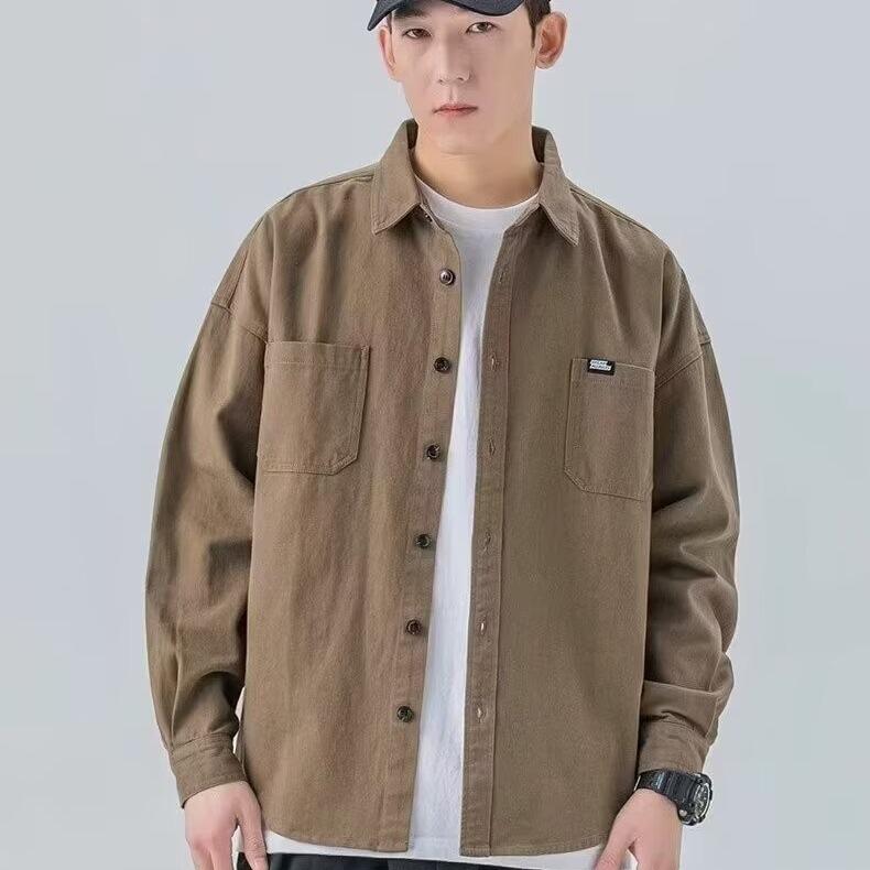 シャツ メンズ 春秋 長袖 ワークシャツ カジュアル トップス 襟付き 無地 ポリエステル ブラック カーキ ホワイト