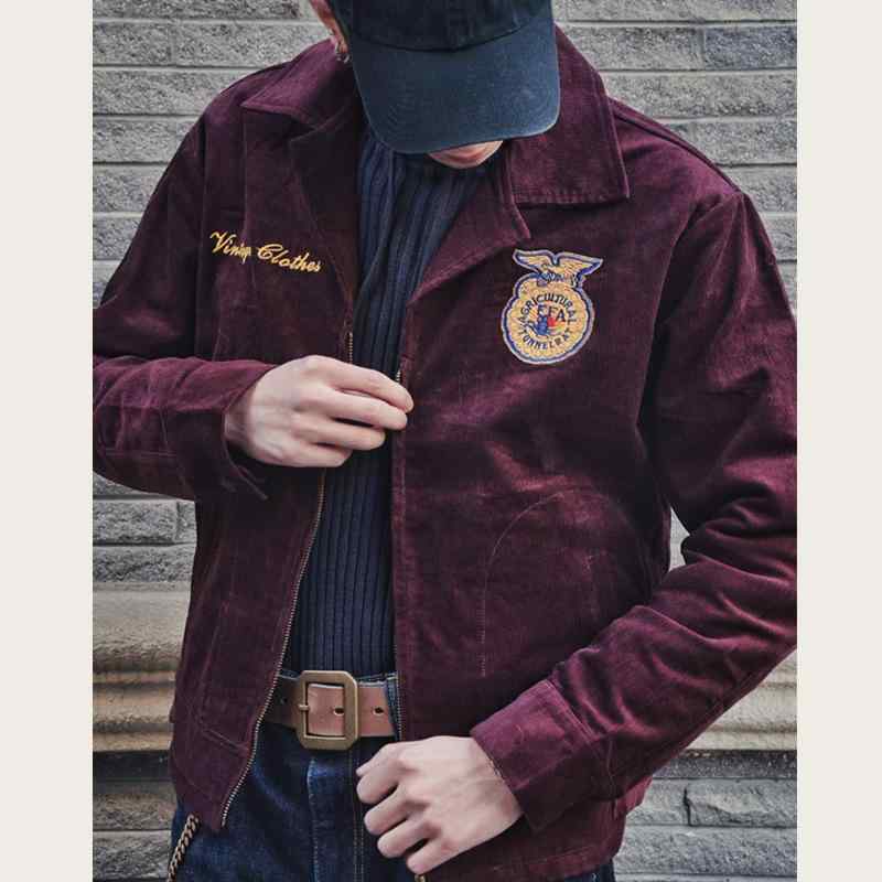 ジャケット メンズ 男性用 アメカジ アメリカンカジュアル 復古 レトロ ワークウェア 長袖 ブルゾン 刺繍 コーデュロイ 厚手 春秋 若者 深青 ワインレッド 綿