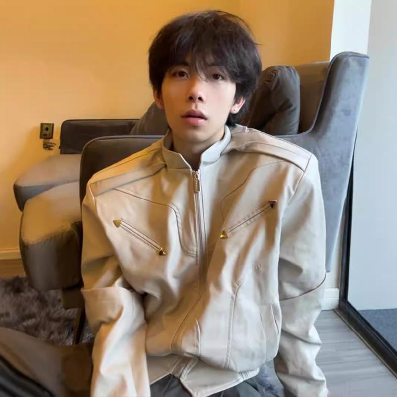 レザージャケット メンズ ブルゾン PUレザー 春秋 ヴィンテージ ライダースジャケット バイカー ショート丈 ルーズフィット 襟付き ブラック ホワイト