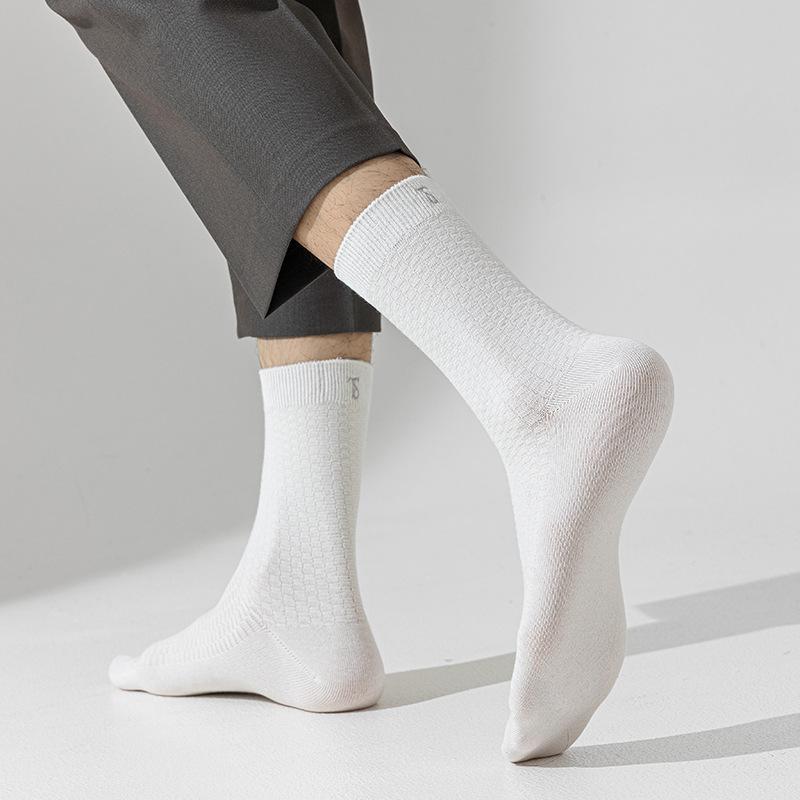 靴下 メンズ ビジネス ソックス 混 刺繍 無地 中筒 オールシーズン 男性用 フォーマル 紳士 黒 紺 グレー 白