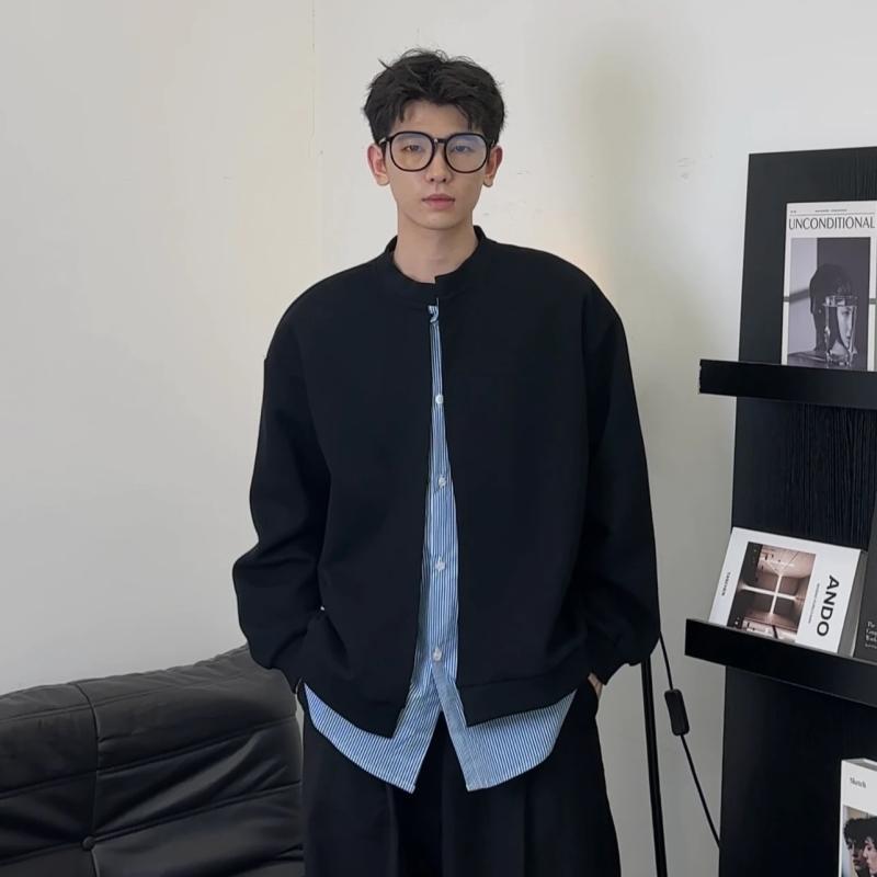 パーカー メンズ 韓国 ストライプ 切り替え フェイクレイヤード カーディガン 長袖 トップス 部屋着 普段使い 春秋(4)