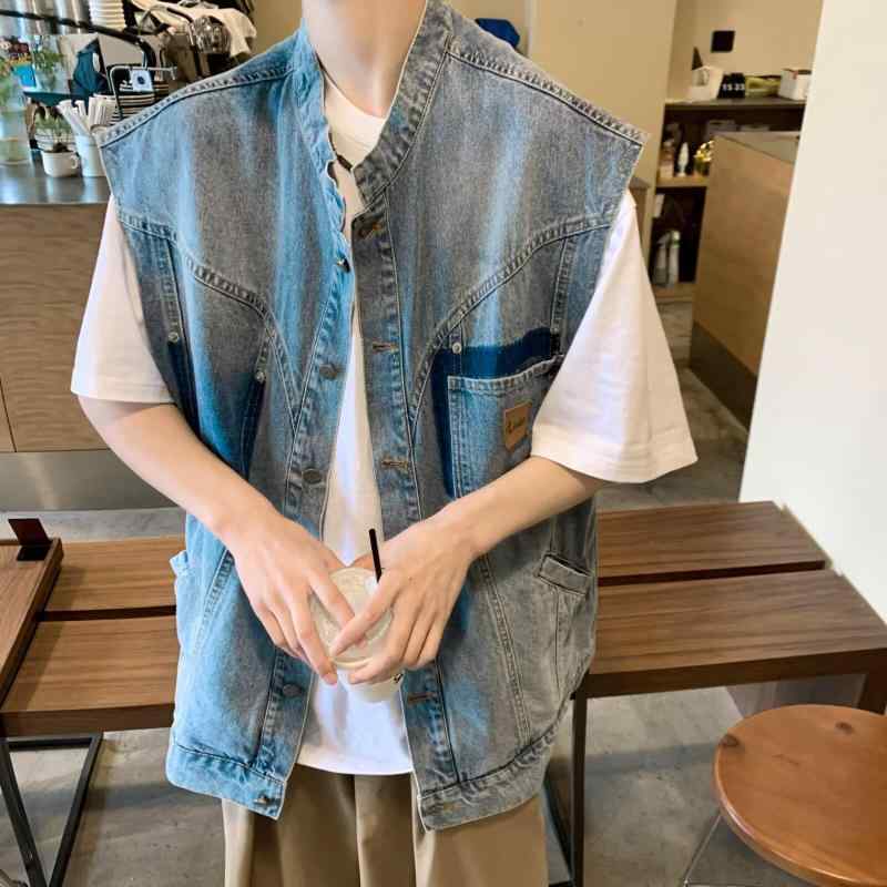 ジャケット メンズ 男性用 デニム 切り替え ベスト レトロスタイル ブルゾン アウター 春秋 カジュアル ブルー 耐摩耗(x2)