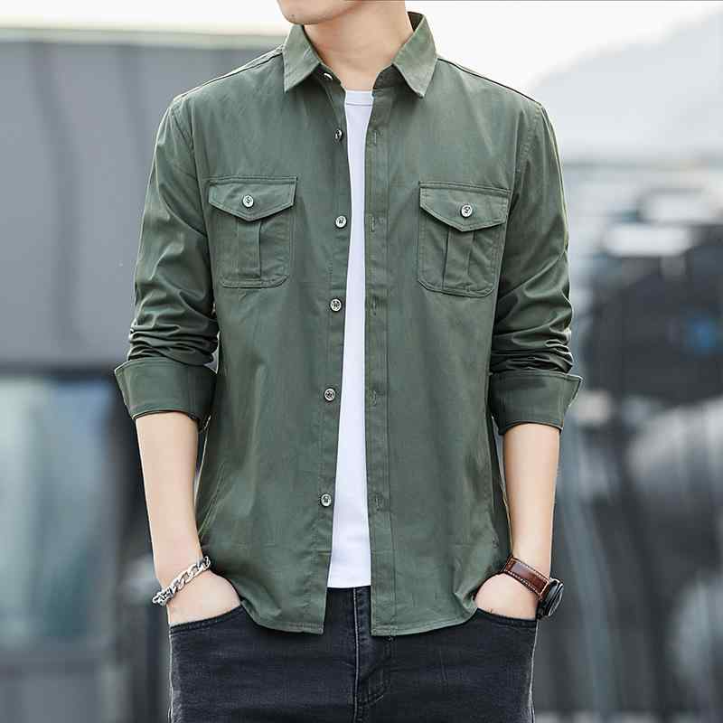 シャツ メンズ 長袖 コットン トップス 韓国 スリム 薄手 カジュアルシャツ ミリタリー アーミー カーキ ネイビー 春秋