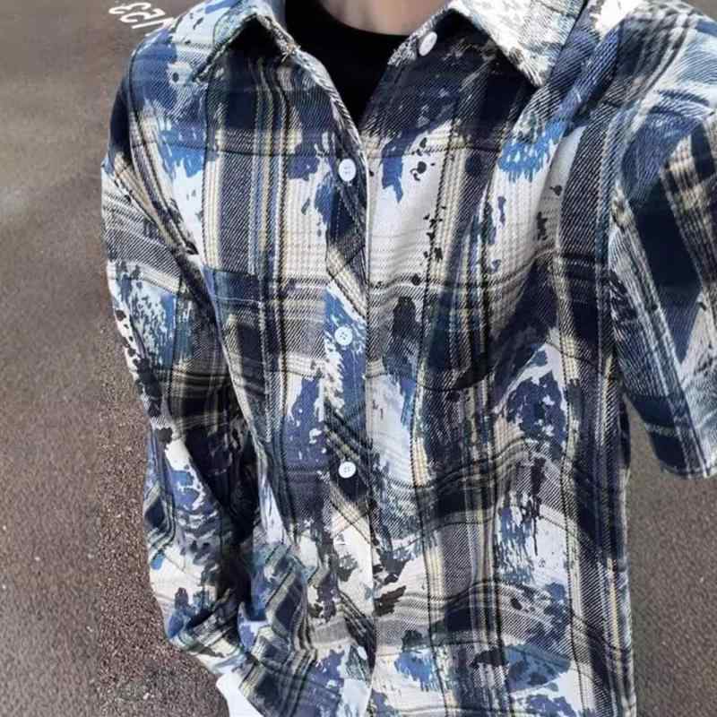 シャツ メンズ 長袖 絞り染め 格子柄 ネルシャツ ブルゾン トップス ライトアウター 普段使い リラックス カジュアルスタイル