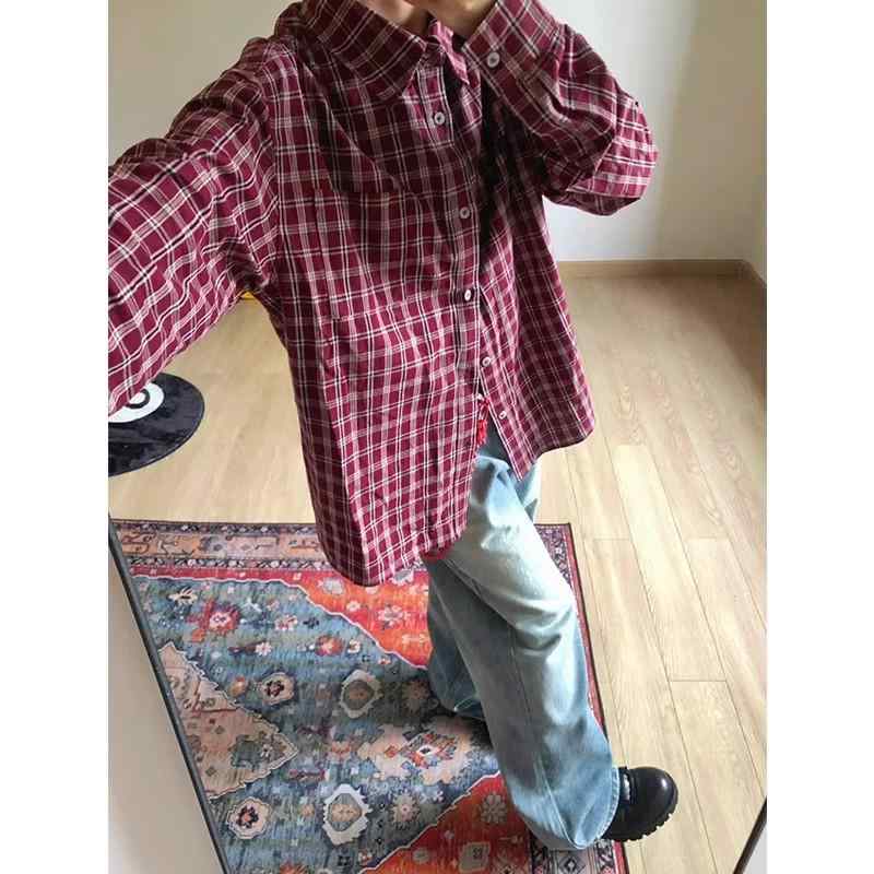 シャツ メンズ レディース アメリカン レトロ レッド チェック柄 長袖 ルーズ カジュアル ネルシャツ ポリエステル繊維 秋冬