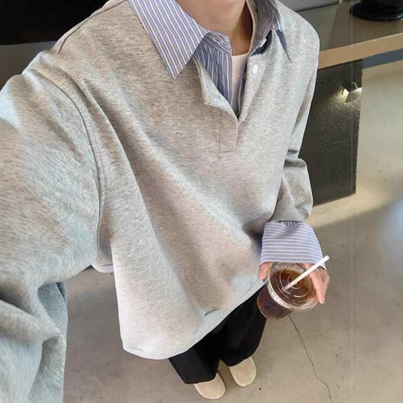 シャツ メンズ 重ね着風 トップス 長袖 襟付き ポリエステル 混紡 カジュアル スタイル ブラック グレー 春秋