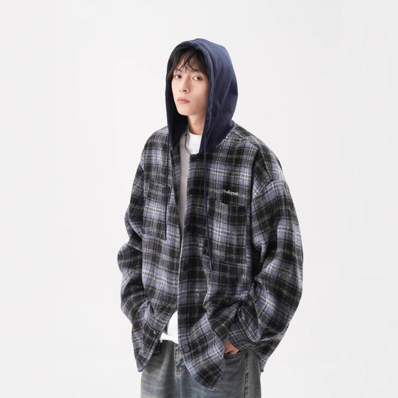 シャツ メンズ 秋物 格子柄 長袖 フード付き ポリエステル ゆったり カジュアル 開襟 ジャケット ブルゾン 黒 ブラック 青 ブルー