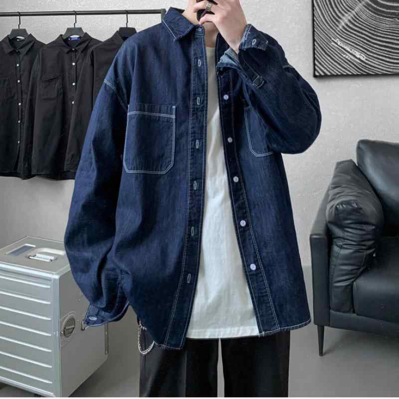 シャツ メンズ デニム 長袖 トップス カジュアル スリムフィット 配色 春秋 韓国 ライトブルー ダークブルー