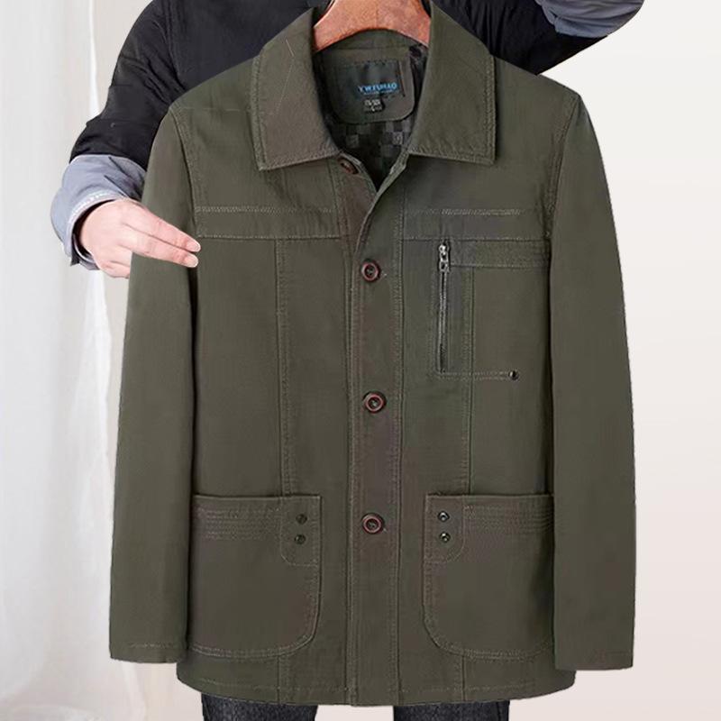 ジャケット メンズ 男性用 紳士服 コットン 春秋 アウター 襟付き ミドル丈 ビジネス カジュアル ゆったり 多ポケット カーキ グレー