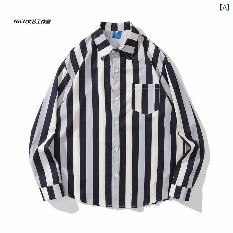 シャツ メンズ ストライプ柄 長袖 コットン ゆったり 薄手 開襟シャツ トップス ブ...