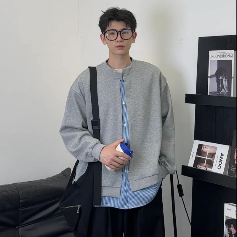 スウェット メンズ 韓国 ストライプ ドッキング カーディガン ライトアウター 長袖 トップス 春秋 カジュアル スタイリッシュ グレー ブラック