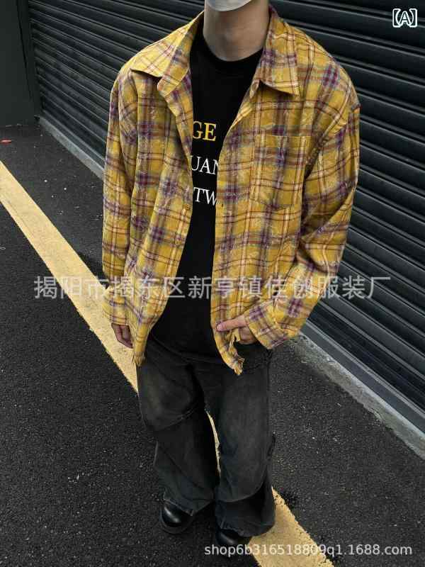 シャツ メンズ 美式レトロ 長袖 格子柄 春秋 黄色 イエロー オーバーサイズ ビッグシルエット カジュアル