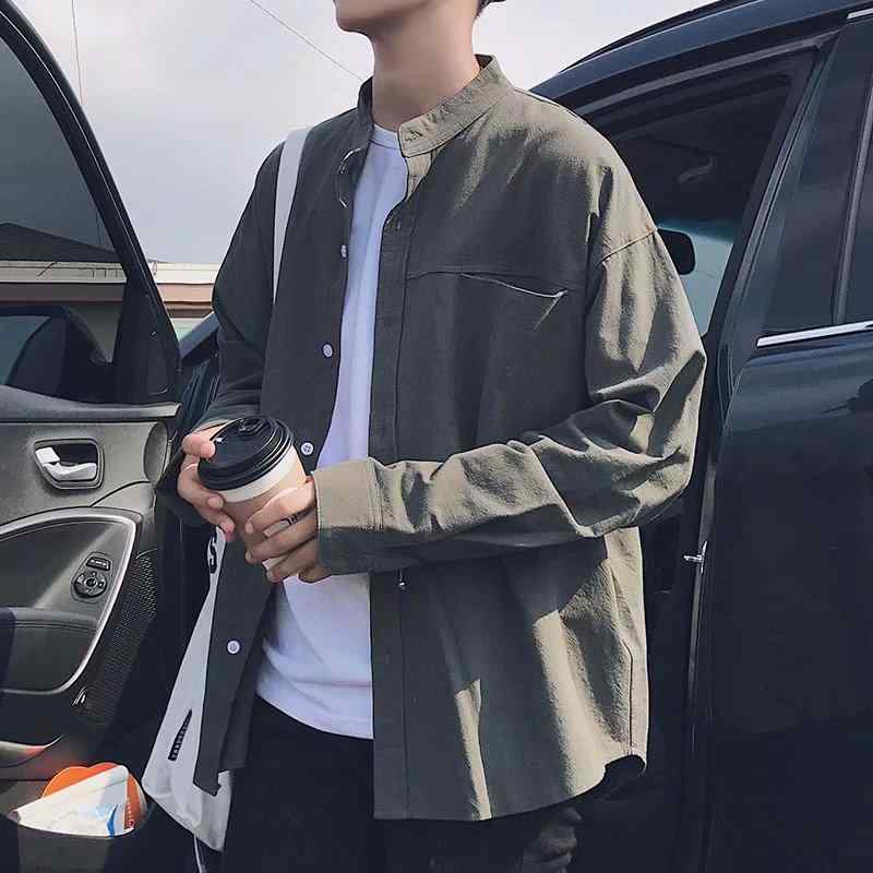 樂天商城 - シャツ メンズ 長袖 コットン トップス 韓国 カジュアル 無地 ゆったり 羽織り 秋 春 白 黒 緑