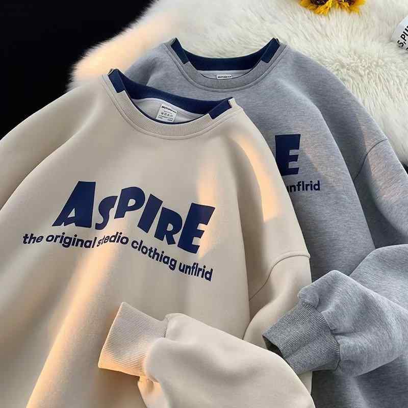 スウェット メンズ 男性用 春秋 美式复古 レイヤード風 プルオーバー トップス 長袖 カットソー プリント 普段使い カジュアル 杏色 グレー